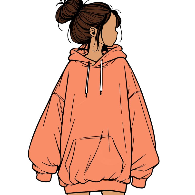 realistic girl with a oversized sweatshirt on and a bun