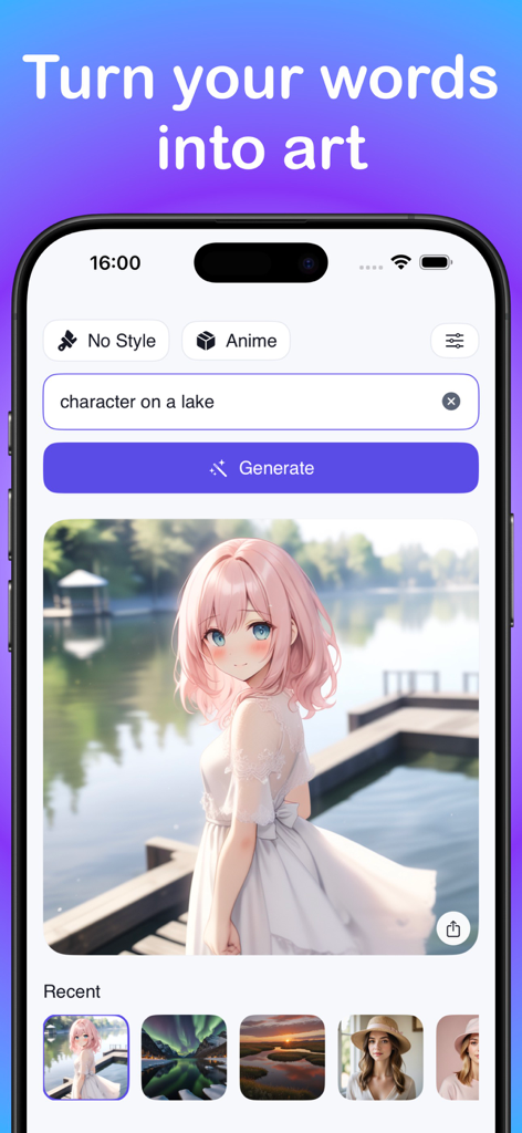 LocalGen: AI Image Generator - LocalGen app interface showing an AI generated anime girl by a lake from a text prompt