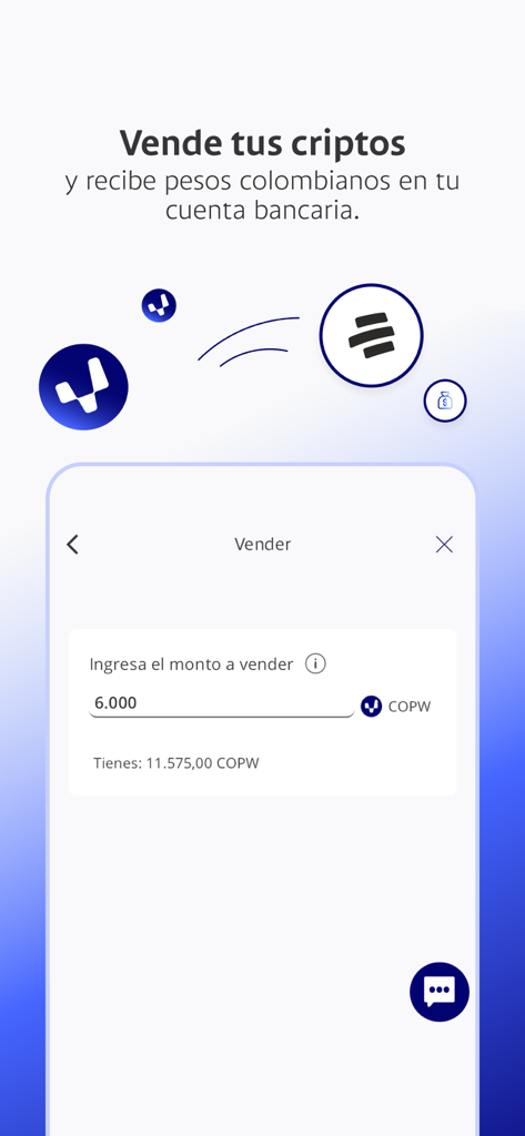 Wenia - Interfaz de la app Wenia mostrando la opción de vender criptoactivos por pesos colombianos