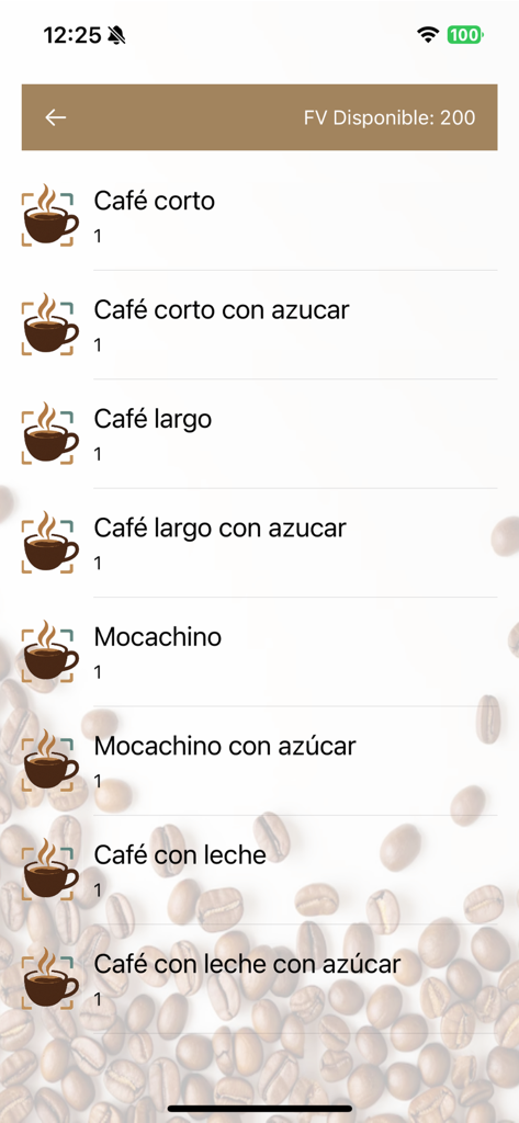 Cafe QR - Una interfaz de aplicación móvil que muestra una lista de opciones de bebidas de café como espresso y moca con saldo digital