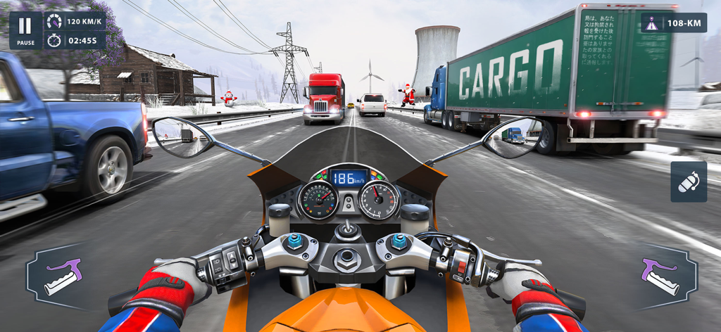 Moto World Tour: Bike Racing - First-person view of a motorcycle racing at high speed on a snowy highway with traffic
