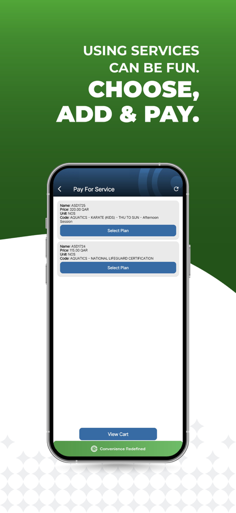 Genio - Mobile app interface of Genio showing service options for aquatic classes and payment selection