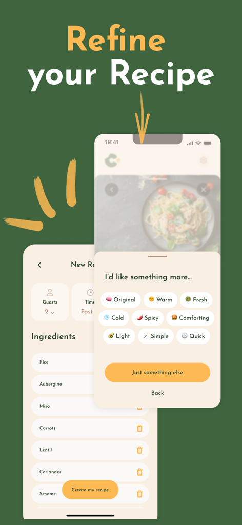 Recipe Maker & Saver - Crumb - Interface de l'application Crumb pour affiner les résultats de recettes avec les préférences de goût et de temps.