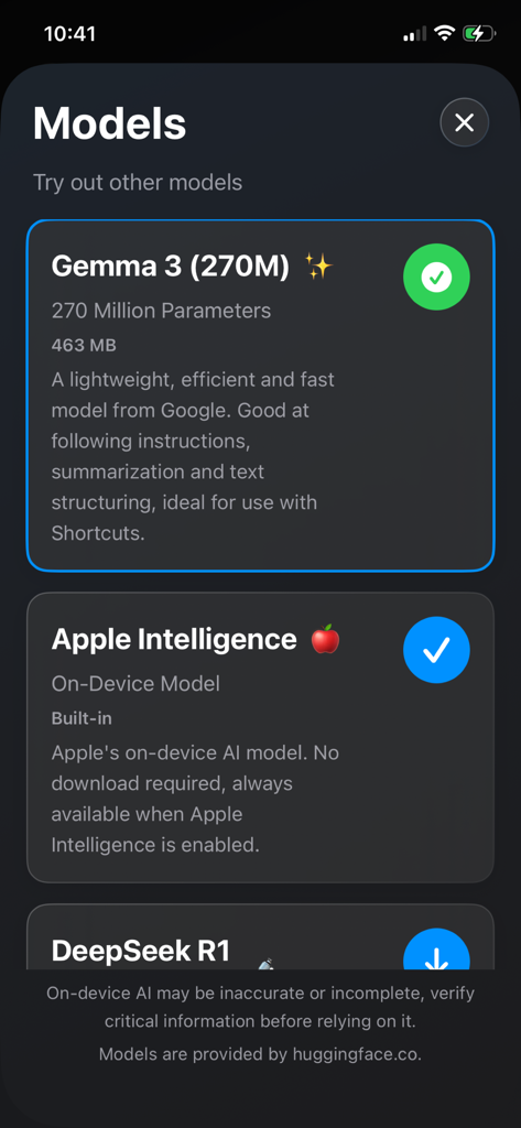 Private AI Chat: Pocket LLM - Selection screen showing available on-device AI models like Gemma 3 and Apple Intelligence