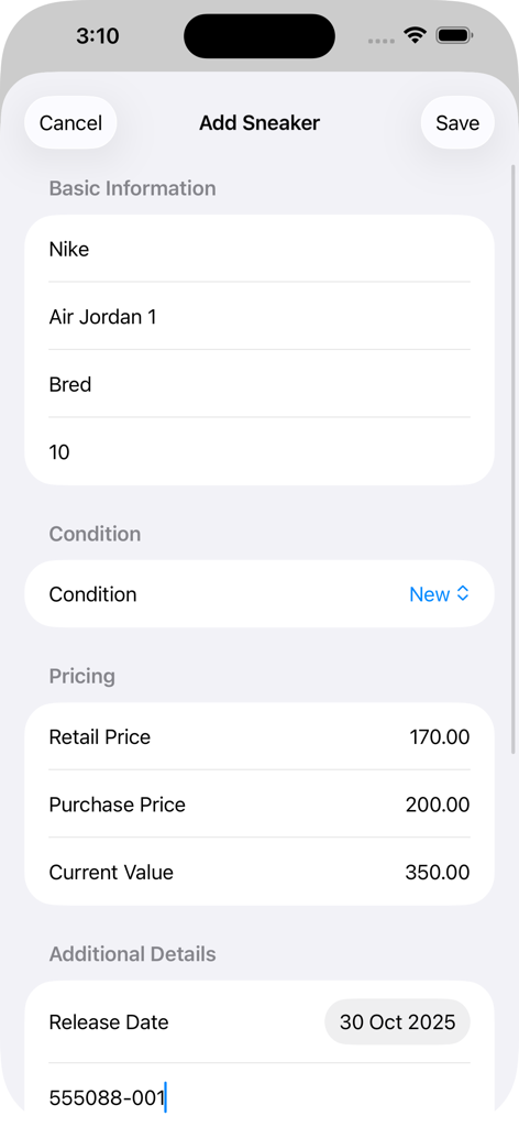 Shoebox - Sneaker Collection - Interface for adding a new sneaker with details for brand model condition and market value