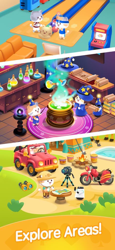 A montage of various colorful themed environments and scenes available to explore in Solitaire Kitty Cats