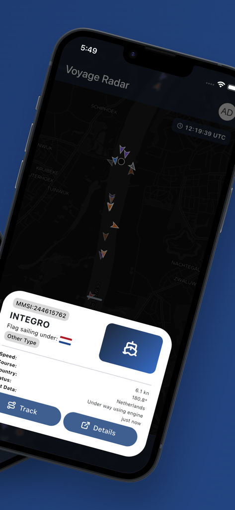 Voyage Radar app interface showing a real-time AIS vessel tracking map with detailed ship information for a vessel named Integro