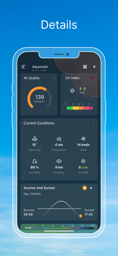 Weather Live & Local Forecast - Interface detalhada de previsão meteorológica com dados de qualidade do ar e índice UV
