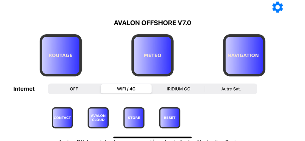 Avalon Offshore Hauptmenü mit Navigationswetter und Routing-Optionen