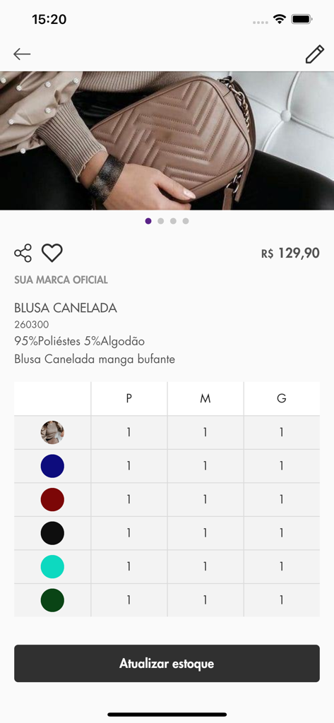 Vesti Vendas - Interface do aplicativo Vesti Vendas mostrando detalhes do produto de moda e uma grade de gerenciamento de estoque no atacado com variações de tamanho e cor