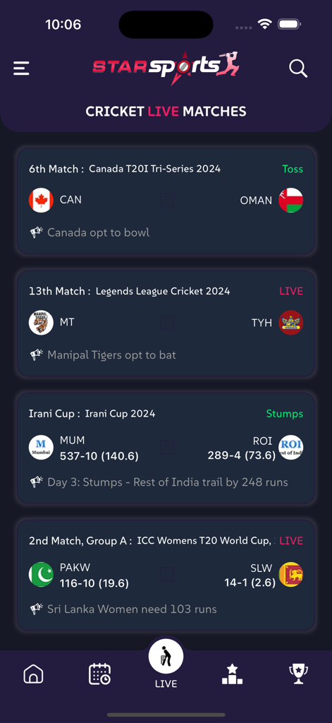 Star Sports Cricket - Dashboard of Star Sports Cricket app displaying real-time scores for multiple ongoing cricket matches