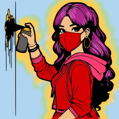 realistic girl with mask spray painting a wall