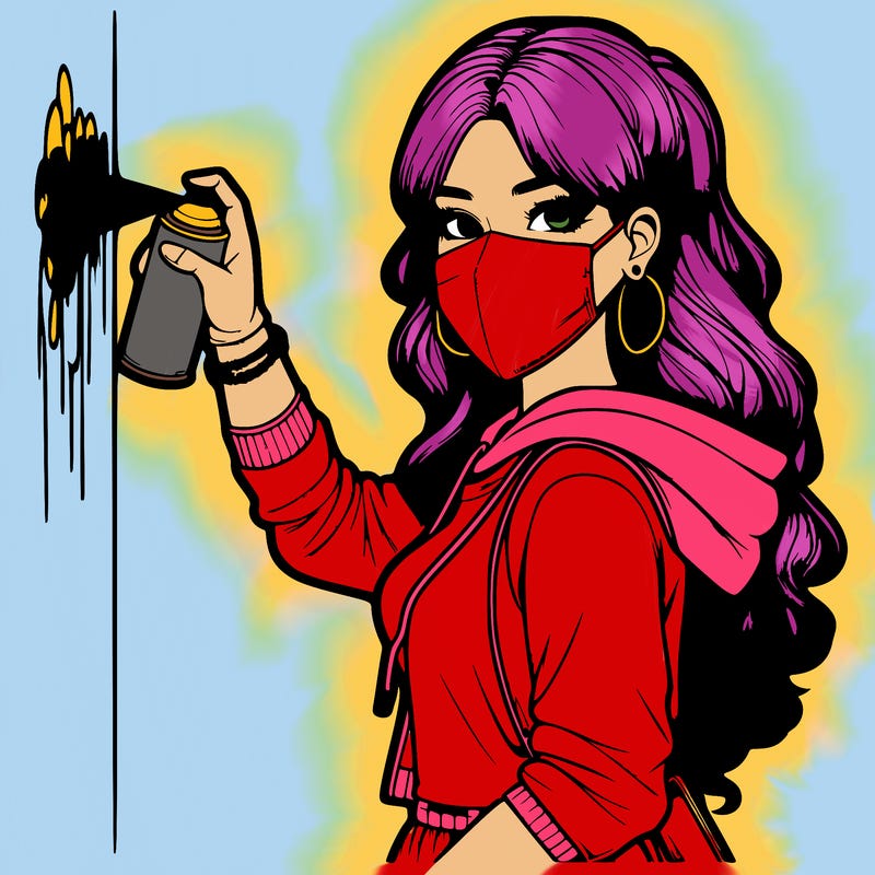 realistic girl with mask spray painting a wall