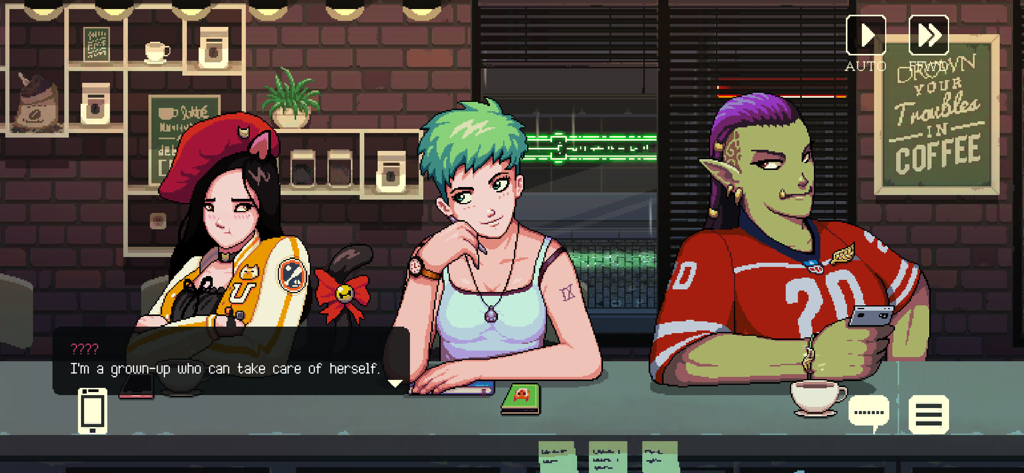 Pixel art characters sitting at a cafe counter in Coffee Talk Episode 1