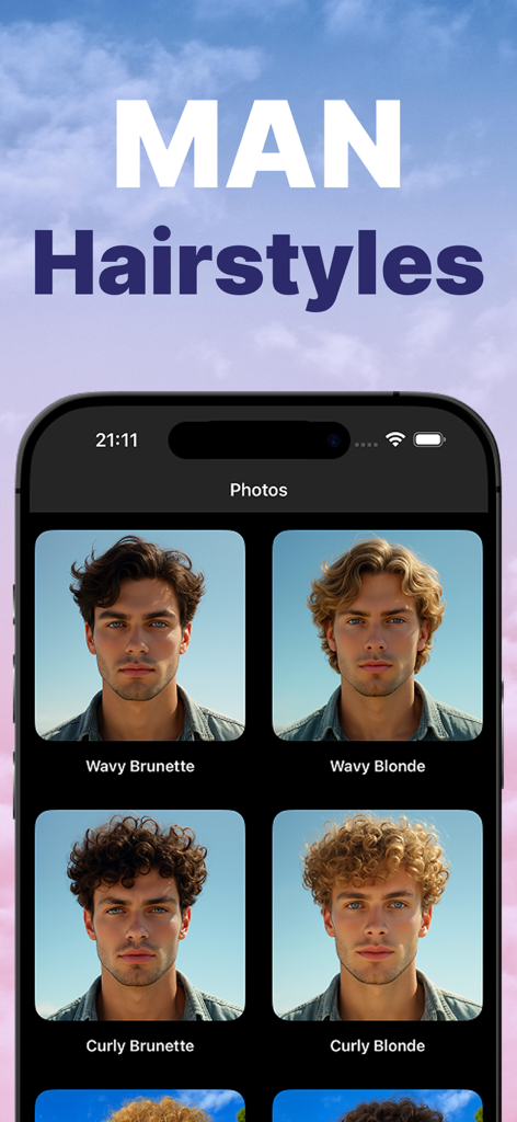 AI Hairstyle Changer: VibeHair - VibeHair app interface showing AI generated men hairstyles in different colors and textures