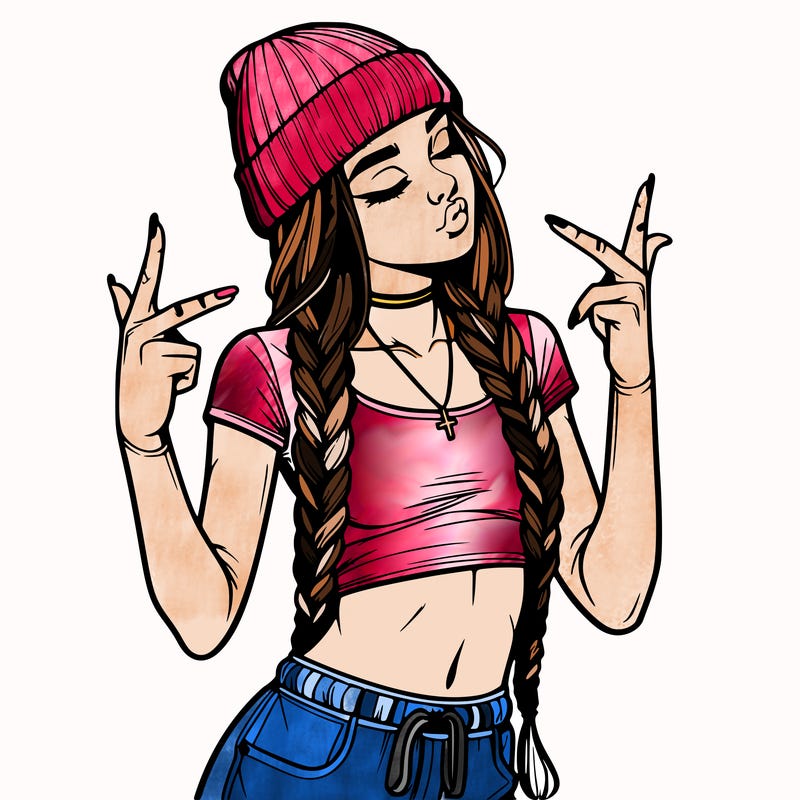 realistic teenage girl with braids and a beanie and crop top doing 🫶🏼