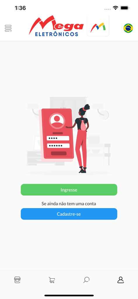 Mega Eletrônicos - Login and sign up screen of the Mega Eletronicos mobile app showing options to enter or register