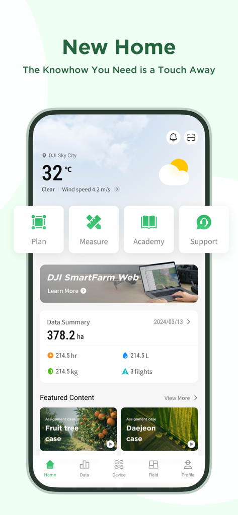 DJI SmartFarm - DJI SmartFarm 모바일 앱 홈 화면으로, 농업 데이터 요약 및 비행 계획 도구가 표시됩니다.