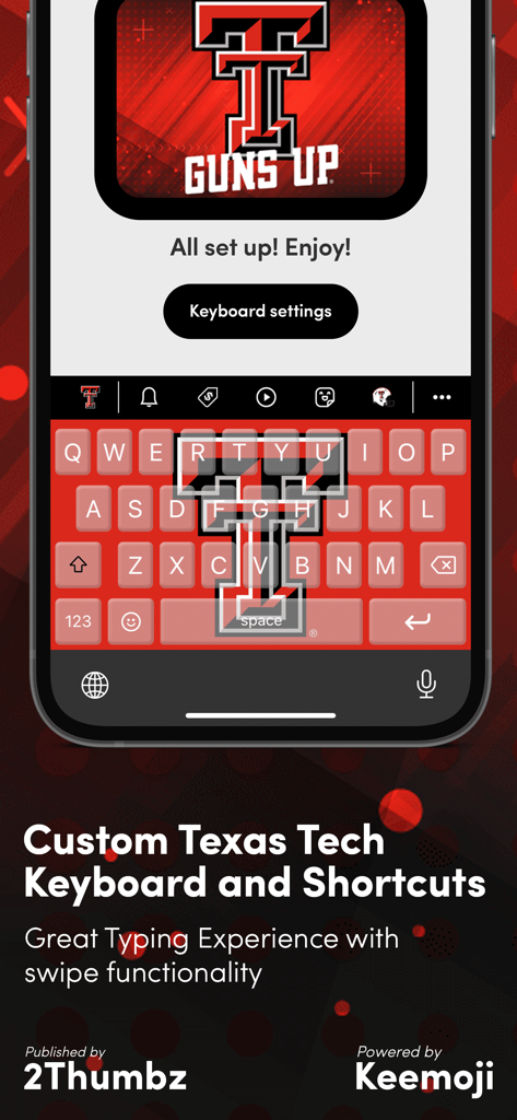 Texas Tech Official Keyboard - A smartphone showing the Texas Tech official custom keyboard with the Double T logo and red color theme