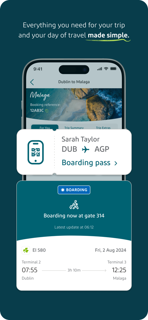 Aer Lingus mobile app displaying a digital boarding pass and real-time flight status for a trip from Dublin to Malaga.