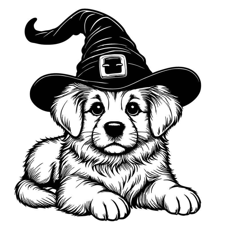 realistic dog with witch hat