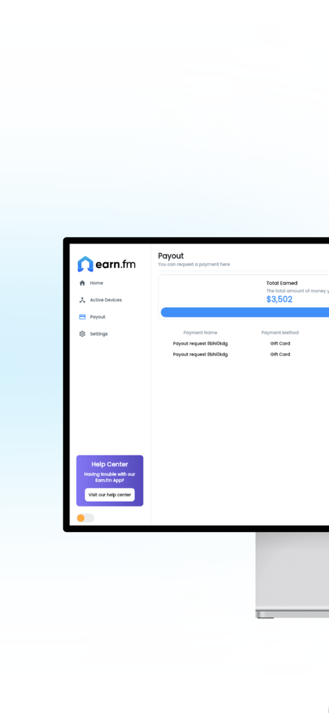 EarnFM - EarnFM payout dashboard displaying total earnings and payment history