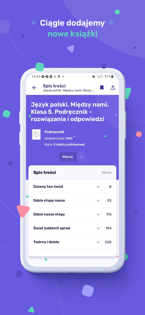 SKUL - SKULアプリのスクリーンショット。教師が検証したソリューションとともに、小学5年生のポーランド語の教科書の目次が表示されています。