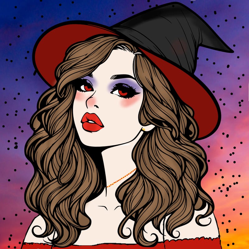 realistic witch girl with wavy hair and lips