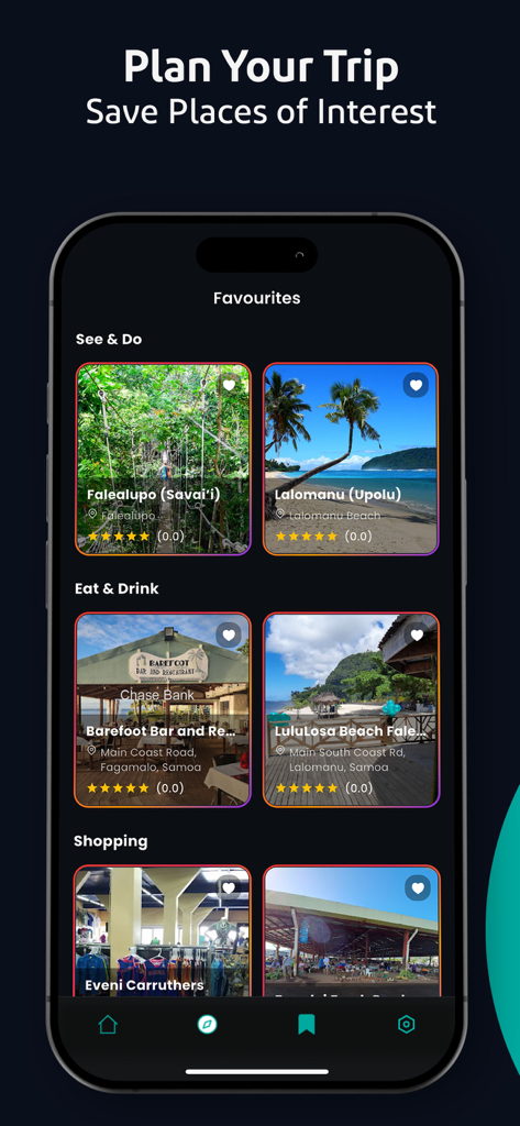 Discover Samoa - Captura de pantalla de la aplicación Discover Samoa mostrando la pantalla de favoritos con atracciones de viaje y opciones de restaurantes guardadas.