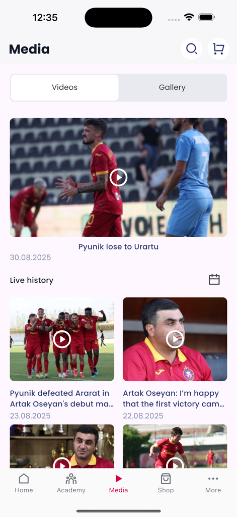FC Pyunik - FC Pyunik app media screen featuring football highlights and video gallery