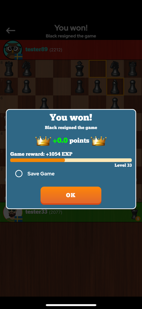 Chess Online - Duel Friends! - Victory screen in Chess Online app showing experience points and level progress after an opponent resigned