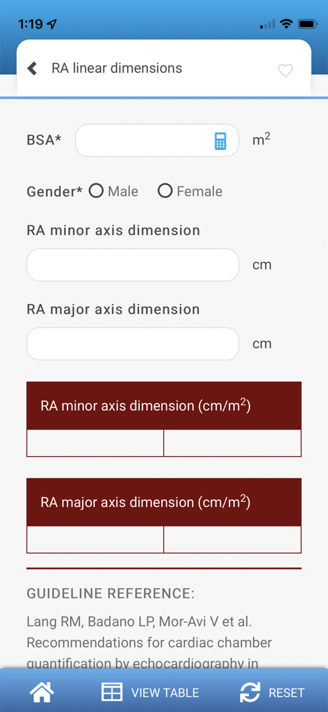 EchoGuide by ASE - A screenshot of the EchoGuide app displaying a calculator for Right Atrium linear dimensions with input fields for BSA, gender, and axis measurements.