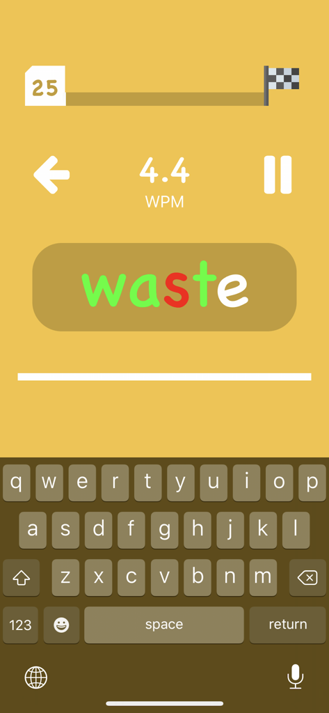 Type Flash - typing game - Type Flash mobile gameplay showing a typing speed test with WPM score and a word highlight feature on a warm yellow background