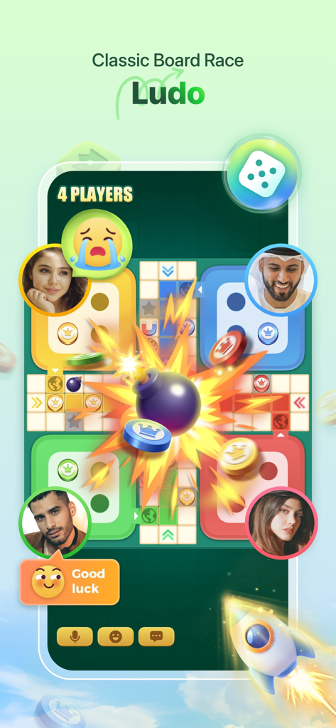 Yalla app interface displaying a multiplayer Ludo board game with user profiles and chat bubbles.