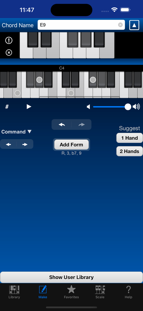 Interfaccia dell'app Piano Kit che mostra lo strumento di creazione di accordi personalizzati con una tastiera di pianoforte e la notazione dell'accordo E9