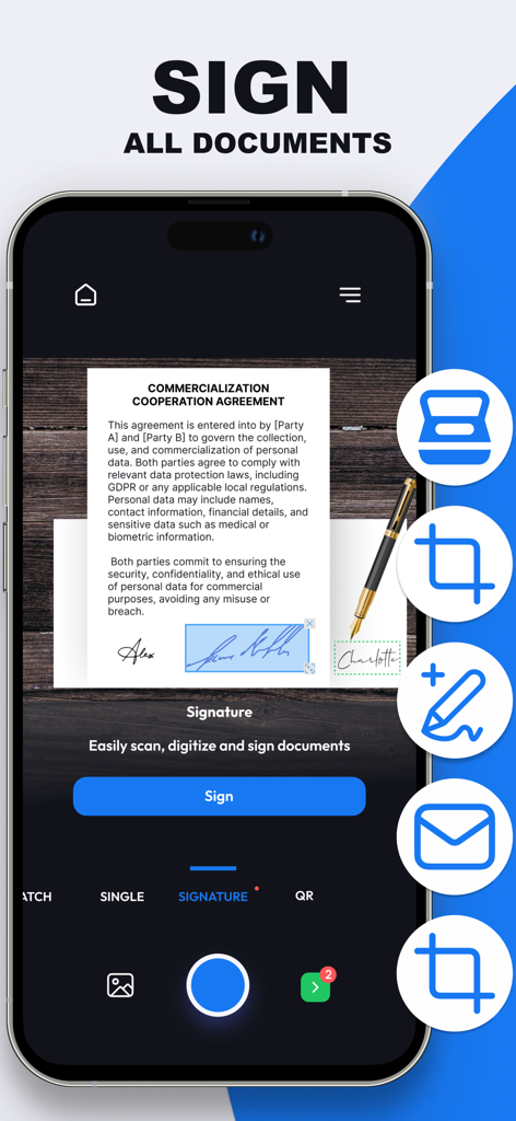 Scan Cam: Docs PDF Scanner App - Pantalla de smartphone que muestra la aplicación de una firma digital a un documento comercial dentro de la aplicación Scan Cam.