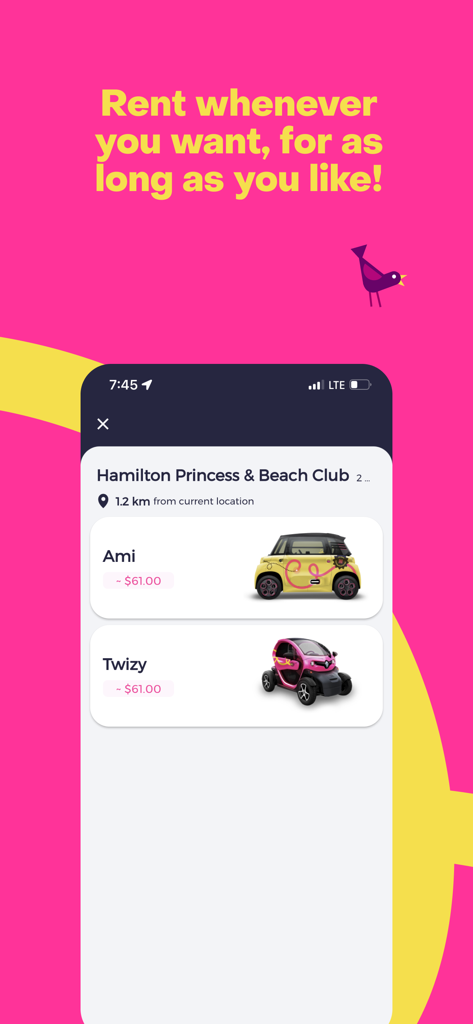 Current Bermuda - 버뮤다의 해밀턴 프린세스에서 Ami 및 Twizy 전기차 렌탈 옵션을 보여주는 앱 화면