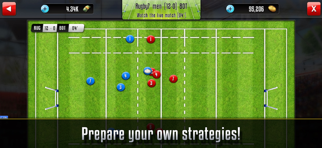 Top-down tactical view of a rugby pitch with numbered players and a strategy overlay