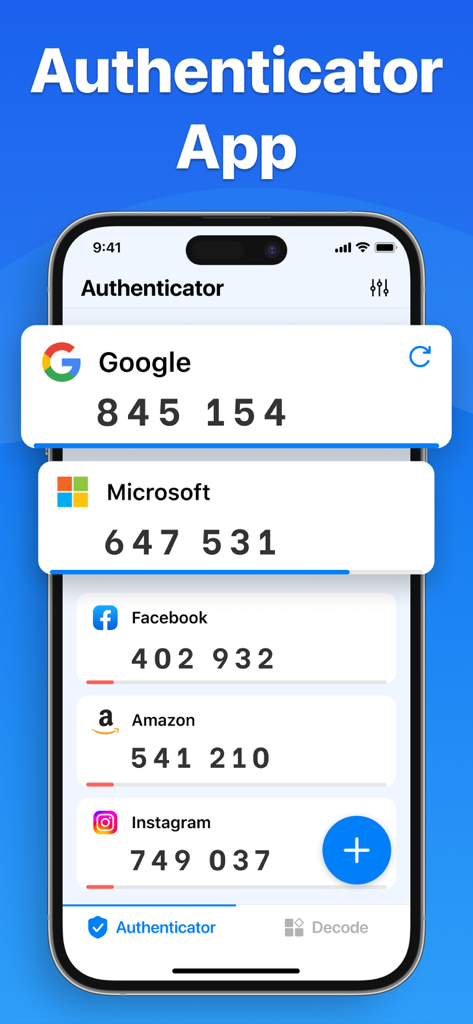 Interface of the Authenticator App showing two-factor authentication codes for Google Microsoft Facebook Amazon and Instagram accounts