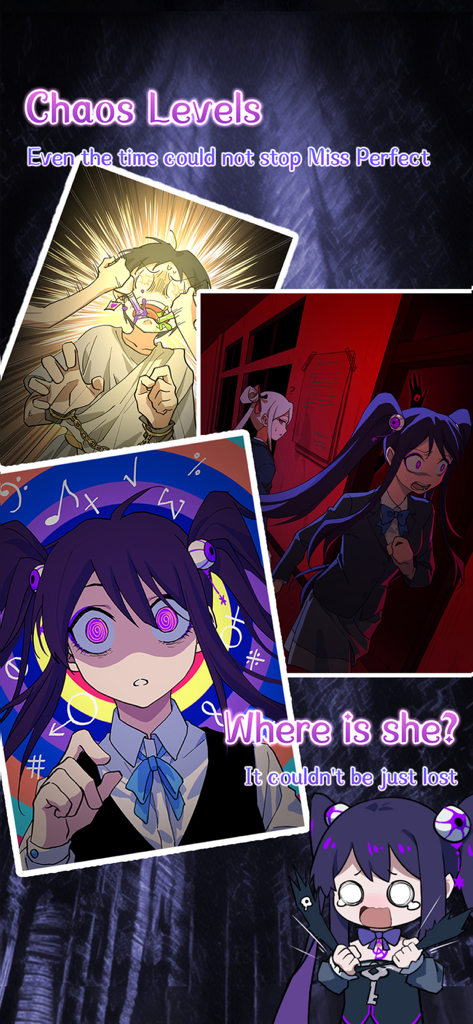 Scènes de jeu de puzzle d'horreur façon anime mettant en scène Miss Perfect avec des thèmes sombres et des personnages mystérieux.