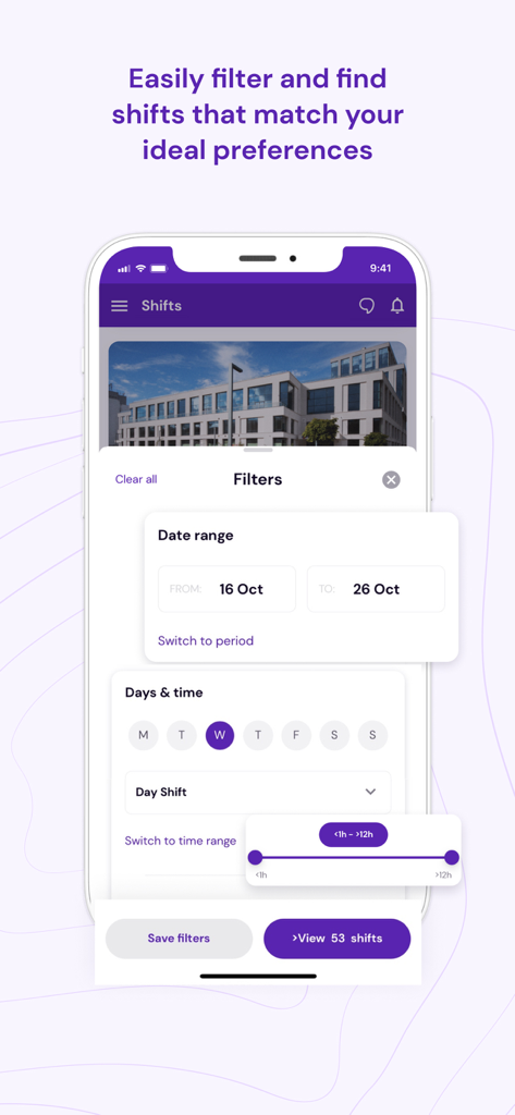 Nursa app filter screen showing options to search for nursing shifts by date range and time preferences