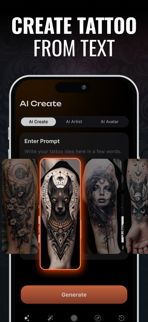 Tattoo Generator - AI Tattoo - Interfaccia dell'app AI tattoo generator che mostra come creare design di tatuaggi unici da prompt di testo