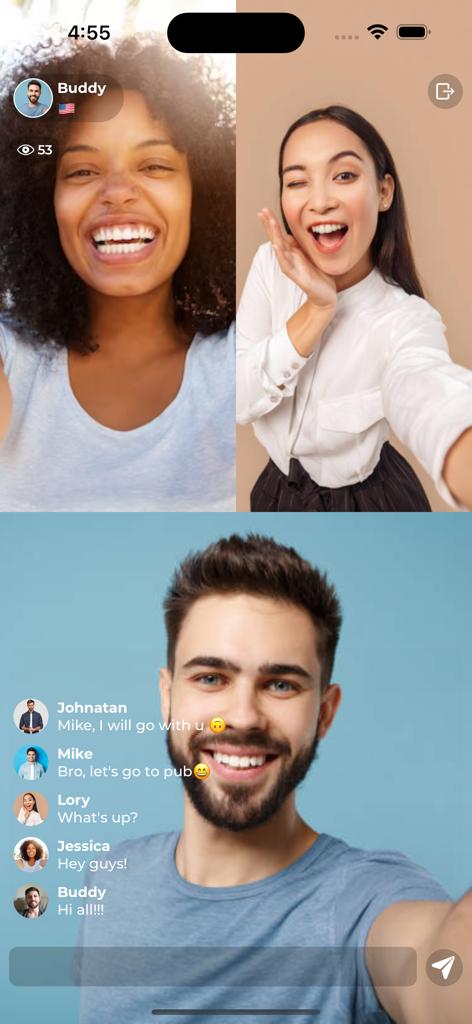 Vuzy Live - Stream & Friends - Three people participating in a multi-guest group video chat on the Vuzy Live app