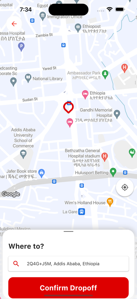 Safe ET - Safe ET app interface showing a map of Addis Ababa and a button to confirm dropoff location.