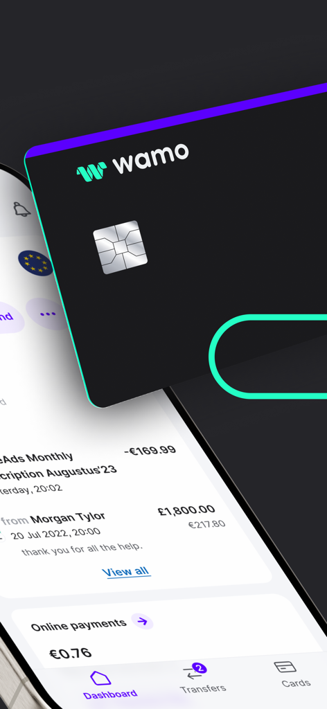 Wamo business account mobile app interface showing dashboard and virtual debit card for international payments