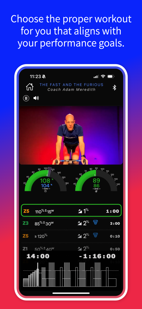 Velocity Cycling - Velocity Cycling app interface featuring a coach video and real time cycling performance data