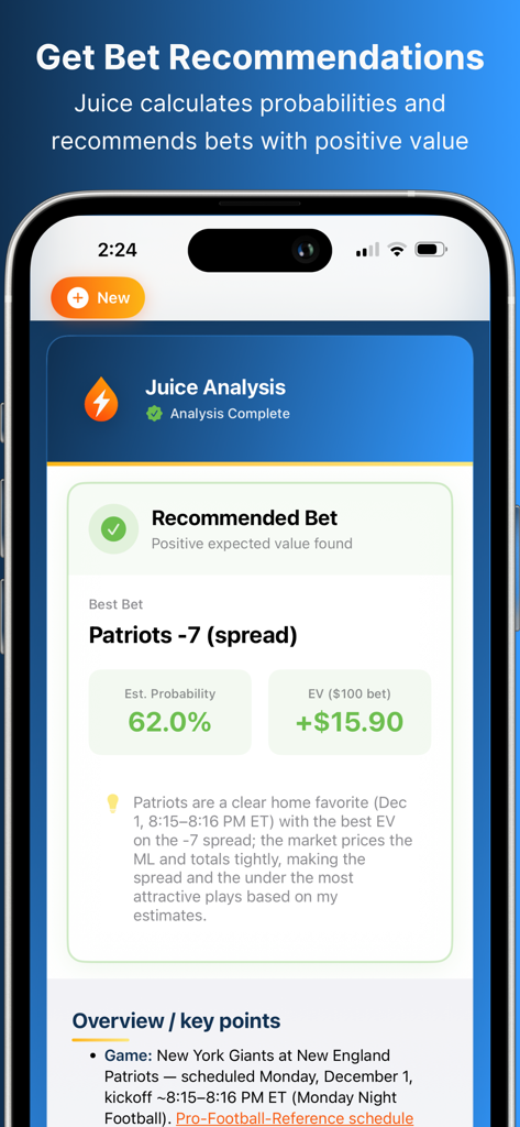 Sports Betting Research Juice - Juice app interface showing a recommended bet for Patriots minus 7 with probability and expected value analysis