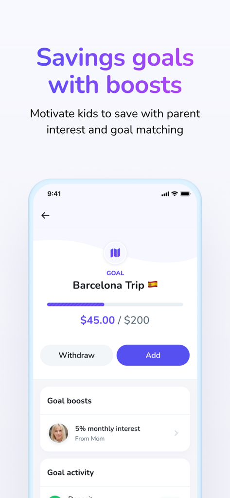 Till: Kids & Teen Banking - Till app interface showing a savings goal for a Barcelona trip with a 5 percent monthly interest boost from a parent.