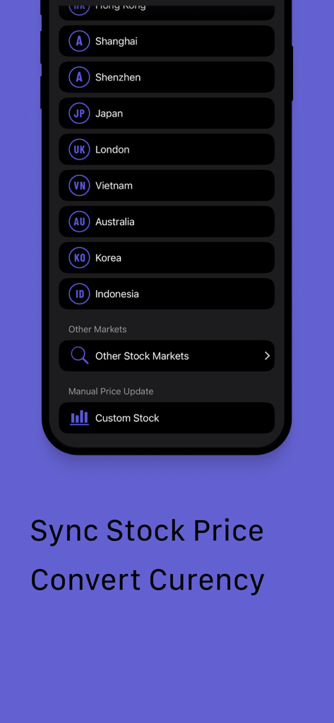 Global stock market listing for price synchronization and currency conversion within the Percento net worth tracker app.
