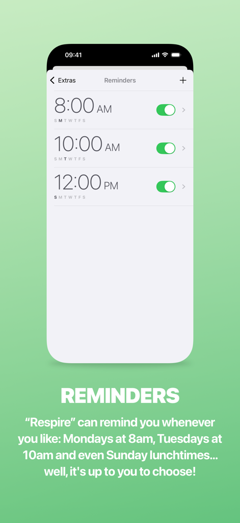 A mobile screen showing a list of daily reminders for mindful breathing sessions